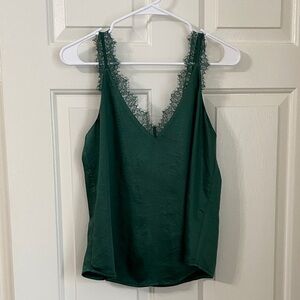 NWOT Skies Are Blue emerald green satin tank with lace trimmed straps